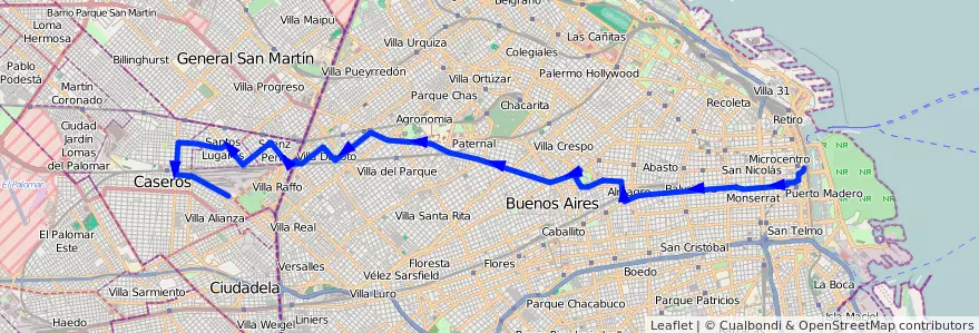 Mapa del recorrido R2 Correo-S.Pena de la línea 105 en Argentine.