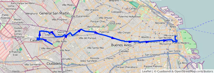 Mapa del recorrido R2 Correo-S.Pena de la línea 105 en Arjantin.