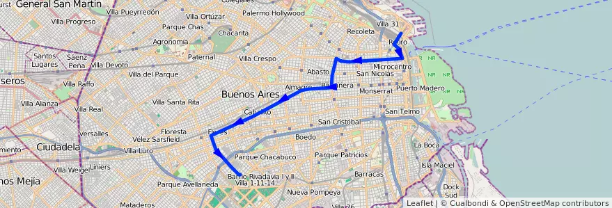 Mapa del recorrido R2 Ctrio.Flores-Retir de la línea 132 en Ciudad Autónoma de Buenos Aires.