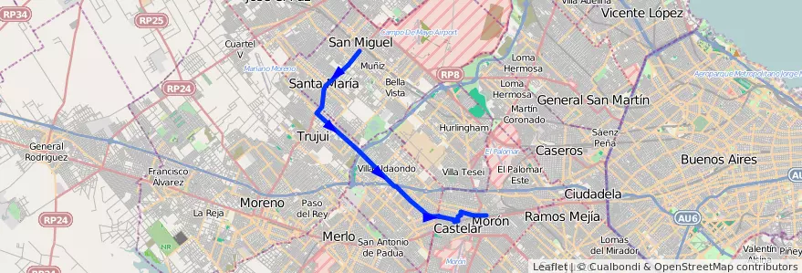 Mapa del recorrido R2 Est.Moron-Est.Lemo de la línea 269 en Provincia di Buenos Aires.