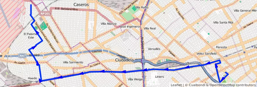 Mapa del recorrido R2 Floresta-Palomar de la línea 182 en Argentina.