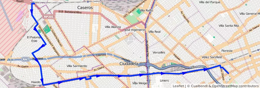 Mapa del recorrido R2 Floresta-Palomar de la línea 182 en Argentine.