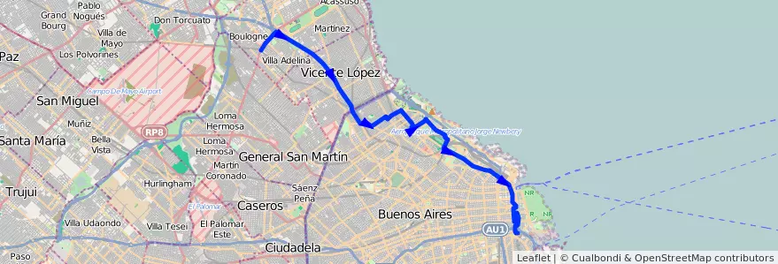 Mapa del recorrido R2 La Boca-Boulogne de la línea 130 en Arjantin.