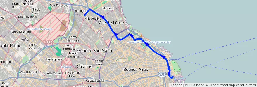 Mapa del recorrido R2 La Boca-Boulogne de la línea 130 en Argentina.