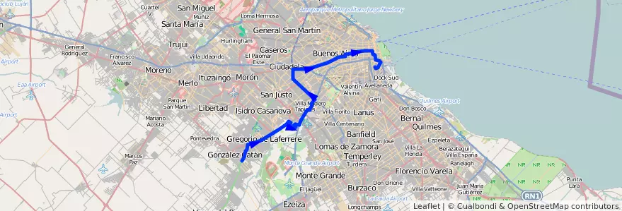 Mapa del recorrido R2 La Boca-G.Catan de la línea 86 en Argentina.