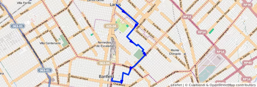 Mapa del recorrido R2 Lanus-Banfield de la línea 299 en Buenos Aires.