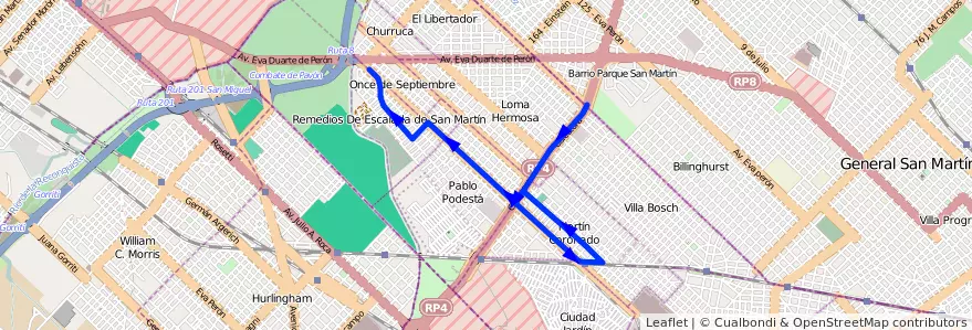 Mapa del recorrido R2 L.Hermosa-R.Escala de la línea 169 en Partido de Tres de Febrero.