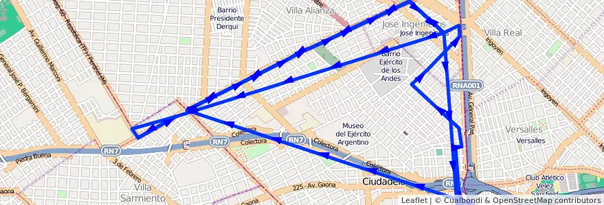 Mapa del recorrido R2 Liniers-El Palomar de la línea 289 en Partido de Tres de Febrero.