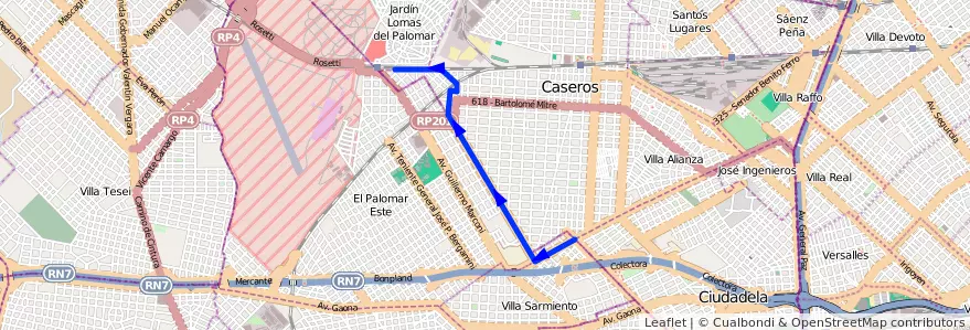 Mapa del recorrido R2 Liniers-El Palomar de la línea 289 en Caseros.
