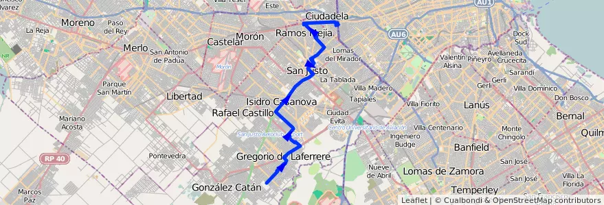Mapa del recorrido R2 Liniers-Laferrere de la línea 378 en Partido de La Matanza.