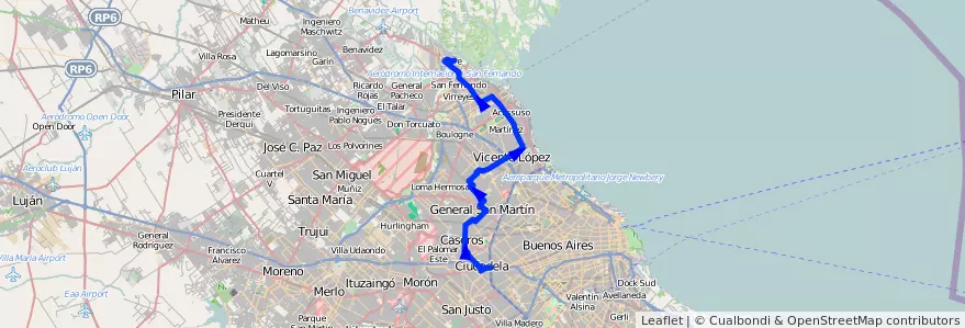 Mapa del recorrido R2 Liniers-Tigre de la línea 343 en Buenos Aires.