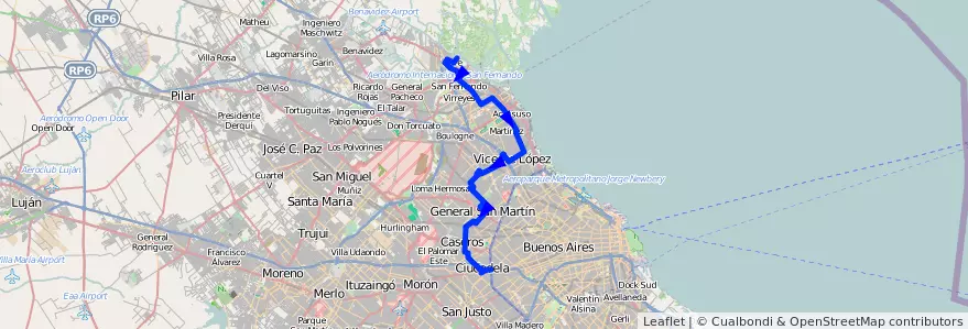 Mapa del recorrido R2 Liniers-Tigre de la línea 343 en 布宜诺斯艾利斯省.