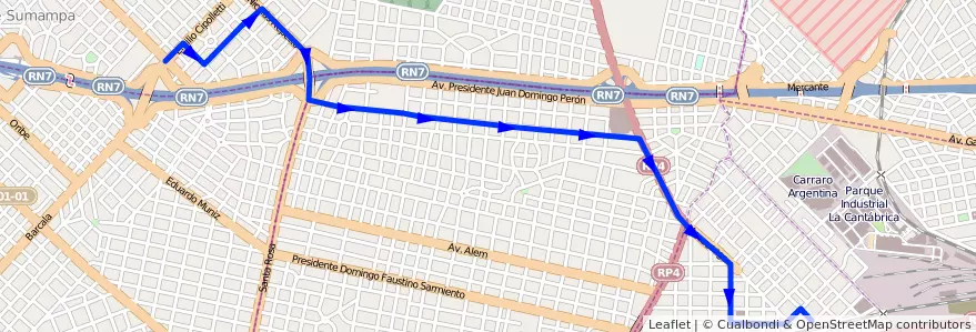 Mapa del recorrido R2 Moron-Udaondo de la línea 441 en Buenos Aires.