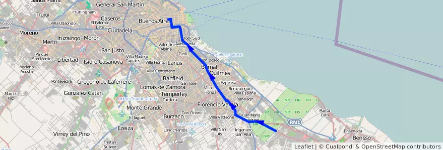 Mapa del recorrido R2 Once-La Plata de la línea 129 en Buenos Aires.