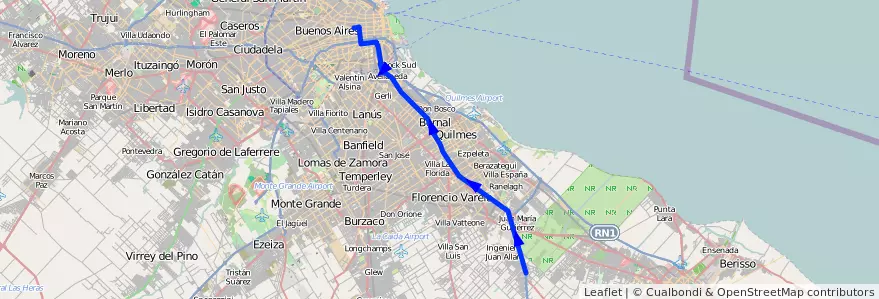 Mapa del recorrido R2 Once-Las Pipinas de la línea 129 en Buenos Aires.