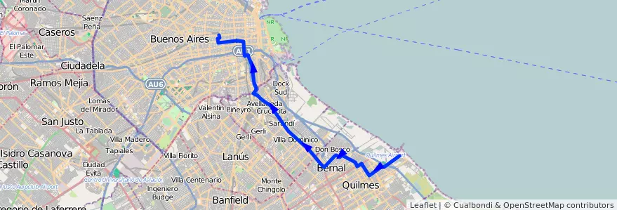 Mapa del recorrido R2 Once-Quilmes de la línea 98 en Arjantin.