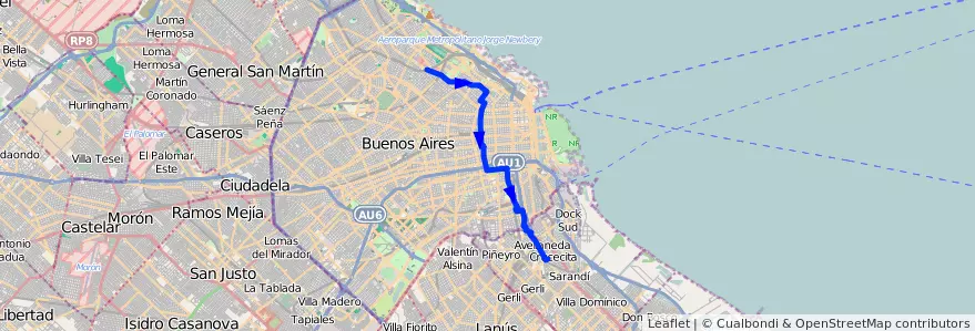 Mapa del recorrido R2 Palermo-Avellaneda de la línea 95 en Буэнос-Айрес.
