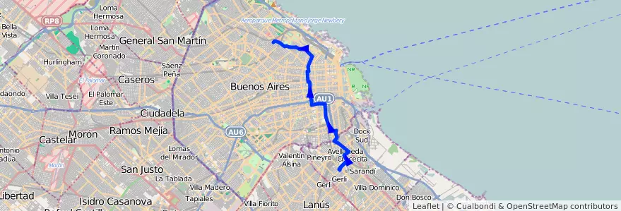 Mapa del recorrido R2 Palermo-Avellaneda de la línea 95 en Аргентина.