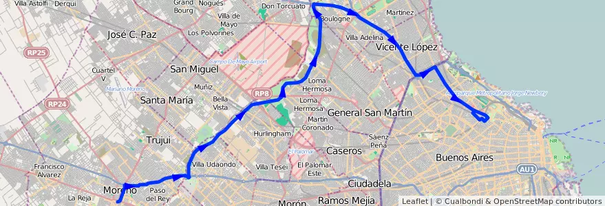 Mapa del recorrido R2 Palermo-Moreno de la línea 57 en Arjantin.
