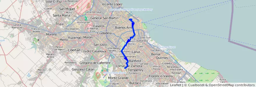 Mapa del recorrido R2 P.Italia-Budge de la línea 188 en 阿根廷.