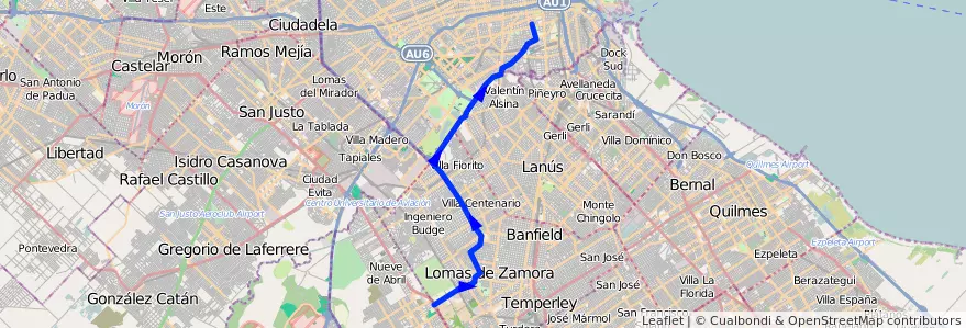 Mapa del recorrido R2 P.Italia-Budge de la línea 188 en Аргентина.