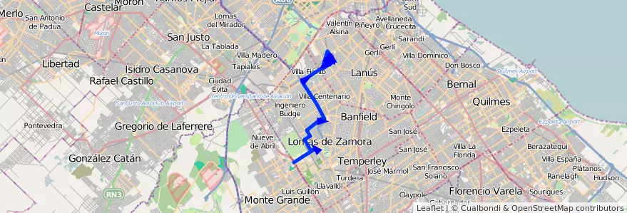Mapa del recorrido R2 P.Italia-Juan XXII de la línea 188 en Buenos Aires.