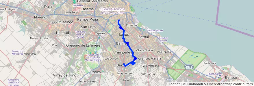 Mapa del recorrido R2 Pompeya-Burzaco de la línea 177 en استان بوئنوس آیرس.