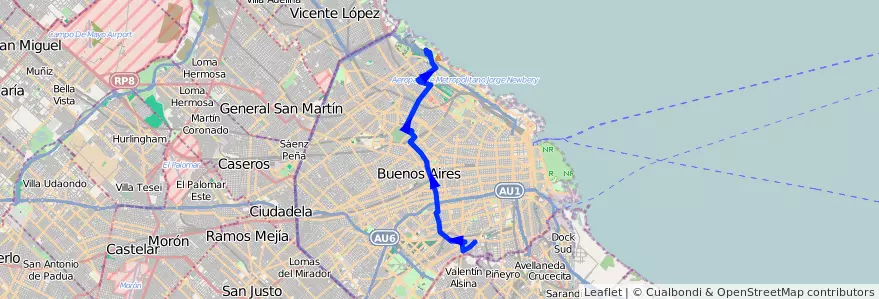 Mapa del recorrido R2 Pompeya-Cdad.Univ. de la línea 42 en Буэнос-Айрес.