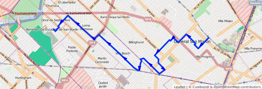 Mapa del recorrido R2 P.Podesta-S.Martin de la línea 328 en Provinz Buenos Aires.