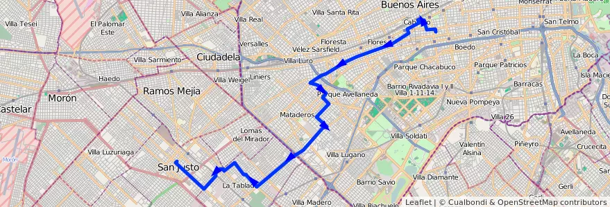 Mapa del recorrido R2 Pra.Junta-San Just de la línea 180 en Argentinien.