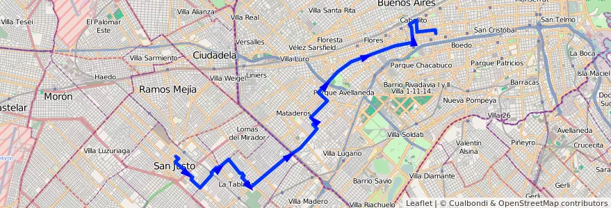 Mapa del recorrido R2 Pra.Junta-San Just de la línea 180 en Аргентина.