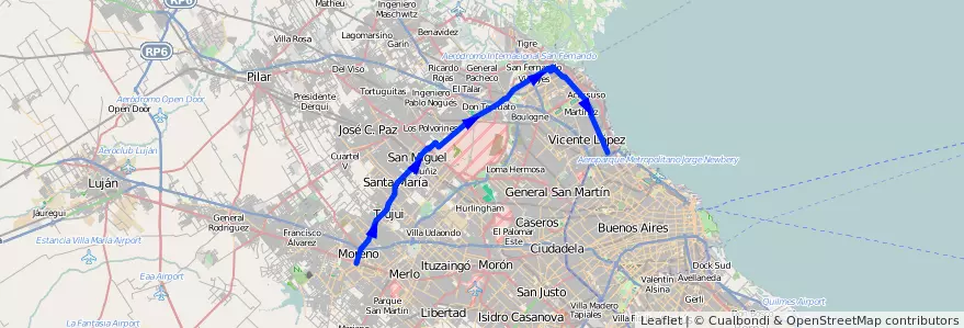 Mapa del recorrido R2 Pte.Saavedra-Moren de la línea 203 en 부에노스아이레스주.