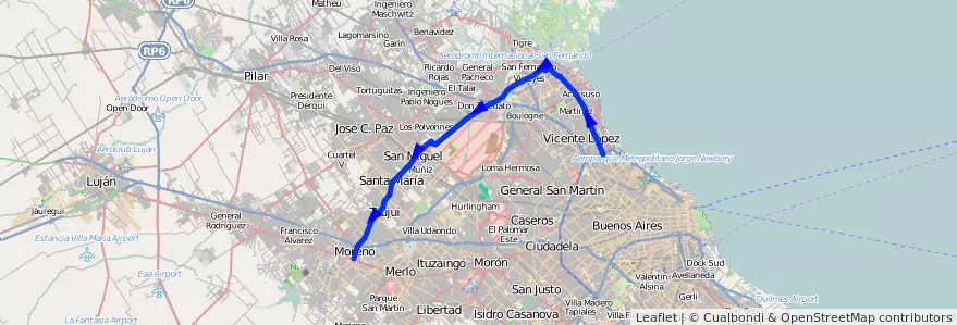 Mapa del recorrido R2 Pte.Saavedra-Moren de la línea 203 en 부에노스아이레스주.