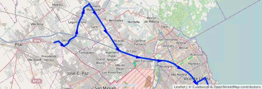 Mapa del recorrido R2 Pte.Saavedra-Pilar de la línea 203 en ブエノスアイレス州.