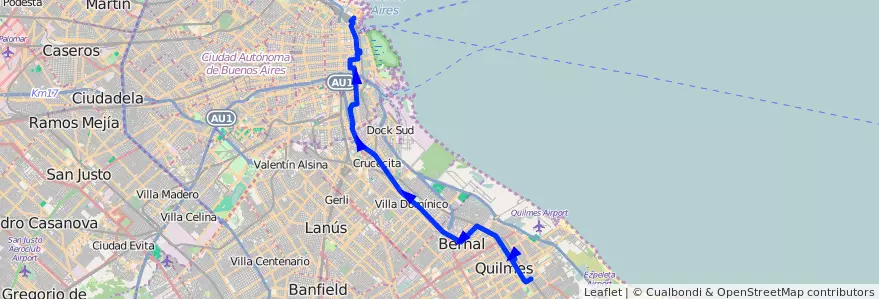 Mapa del recorrido R2 Pto.Nuevo-Quilmes de la línea 22 en Arjantin.