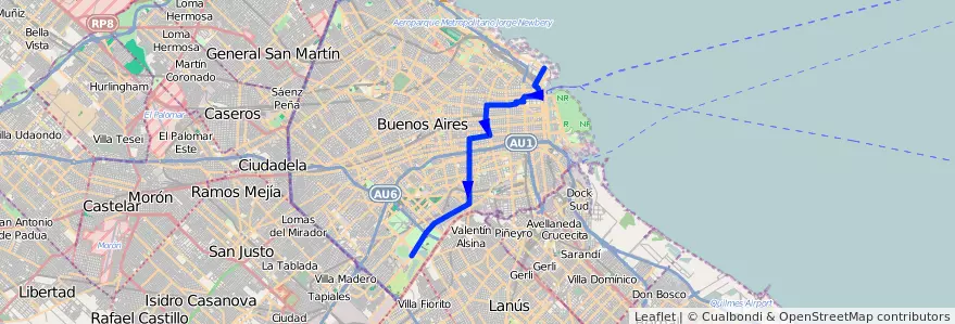 Mapa del recorrido R2 Retiro-B. Gral.Sav de la línea 115 en Autonomous City of Buenos Aires.
