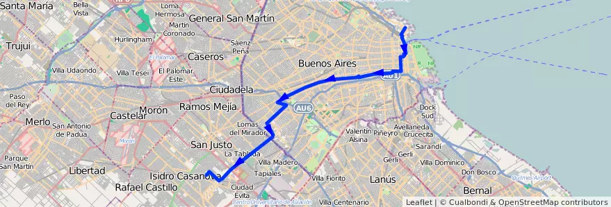 Mapa del recorrido R2 Retiro-La Tablada de la línea 126 en Argentina.