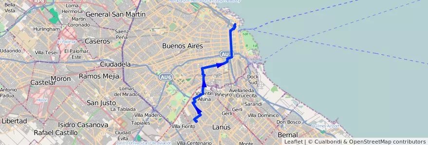 Mapa del recorrido R2 Retiro-V.Caraza de la línea 9 en Argentina.