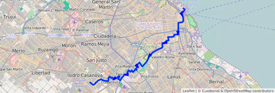 Mapa del recorrido R2 Retiro-Villegas de la línea 91 en Argentina.
