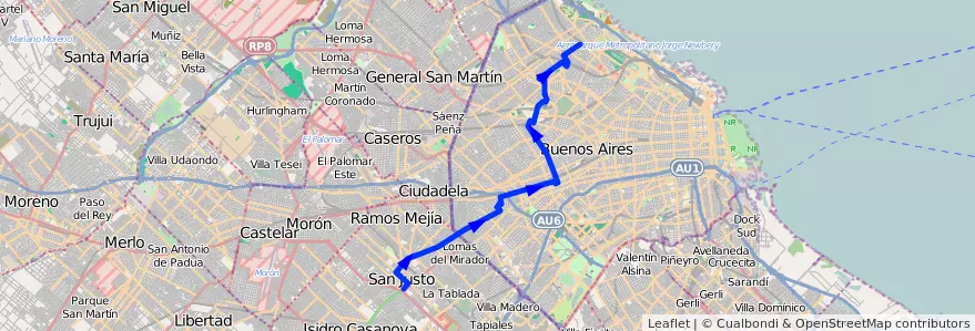 Mapa del recorrido R2 San Justo-Barranca de la línea 113 en Argentina.