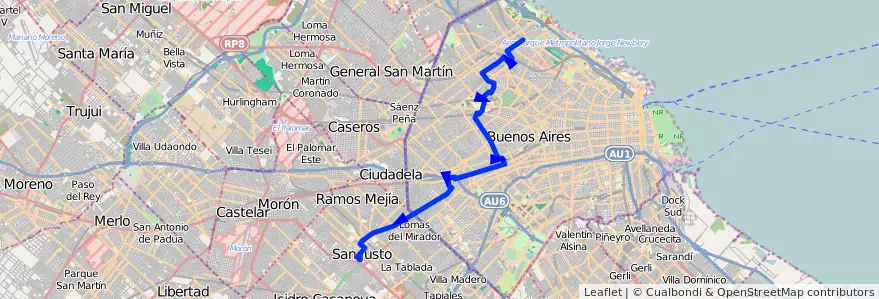 Mapa del recorrido R2 San Justo-Barranca de la línea 113 en Argentinien.