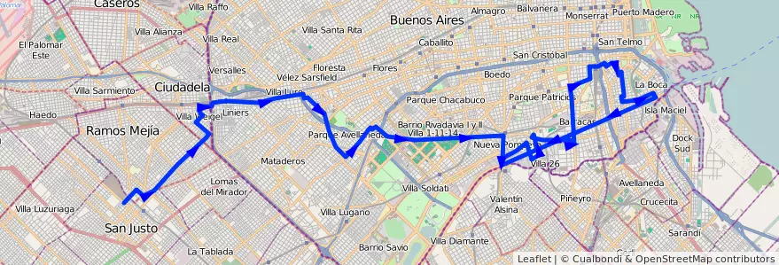Mapa del recorrido R2 San Justo-La Boca de la línea 46 en Буэнос-Айрес.