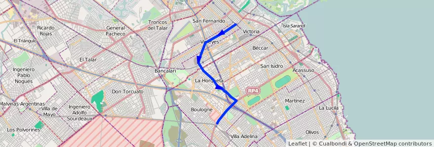 Mapa del recorrido R2 Virreyes-Boulogne de la línea 371 en Buenos Aires.