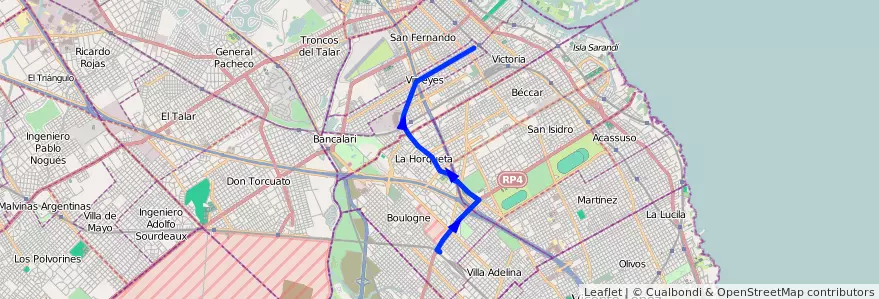 Mapa del recorrido R2 Virreyes-Boulogne de la línea 371 en Province de Buenos Aires.