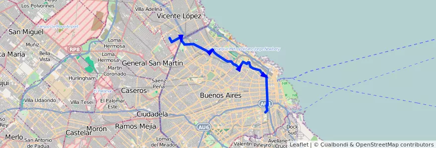 Mapa del recorrido R2 V.Martelli-Barracas de la línea 67 en Argentinië.