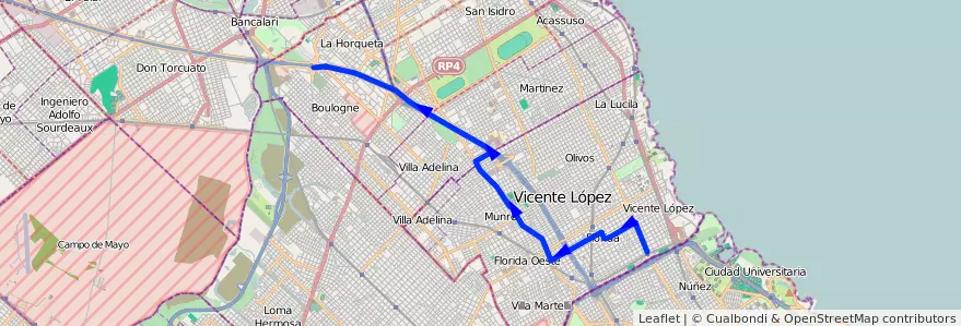 Mapa del recorrido R3 Boulogne-Vte.Lopez de la línea 314 en Provincia di Buenos Aires.