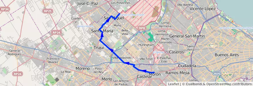 Mapa del recorrido R3 Est.Moron-Est.Lemo de la línea 269 en 布宜诺斯艾利斯省.