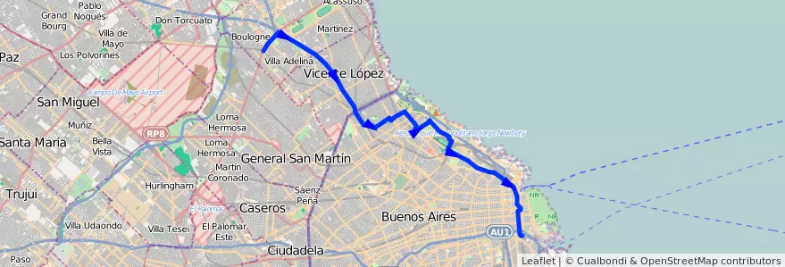 Mapa del recorrido R3 La Boca-Boulogne de la línea 130 en Argentina.