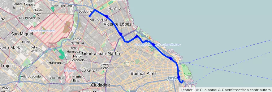 Mapa del recorrido R3 La Boca-Boulogne de la línea 130 en Argentina.