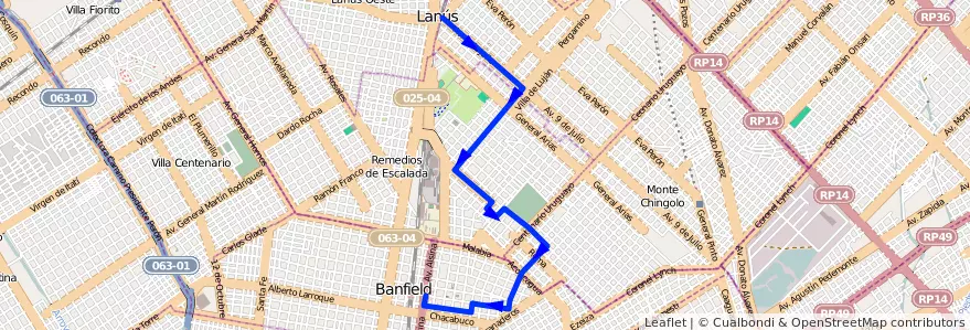 Mapa del recorrido R3 Lanus-Banfield de la línea 299 en ブエノスアイレス州.